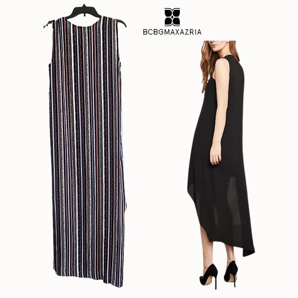 BCBGMAXARZRIA NEW TARA Stripe Cascading Ruffles Sleeveless Hi Lo Maxi Dress M - Picture 9 of 12